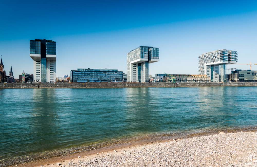 Crane Houses at the banks of the Rhine River